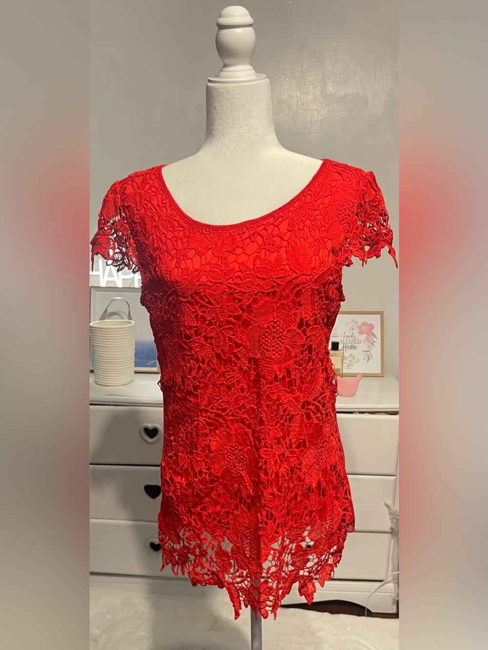 Simply Irresistible Red Lace Short Sleeve Scoop Neck Top size M 100% cotton - Picture 6 of 12
